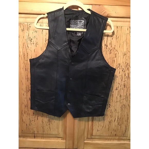 Men's USA Bikers Dream Apparel Black Leather Vest Lined Size 38 - Picture 1 of 8